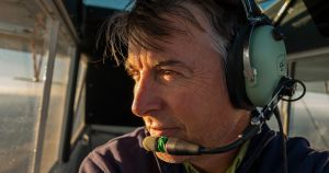 Husky pilot self-portrait at evening golden hour